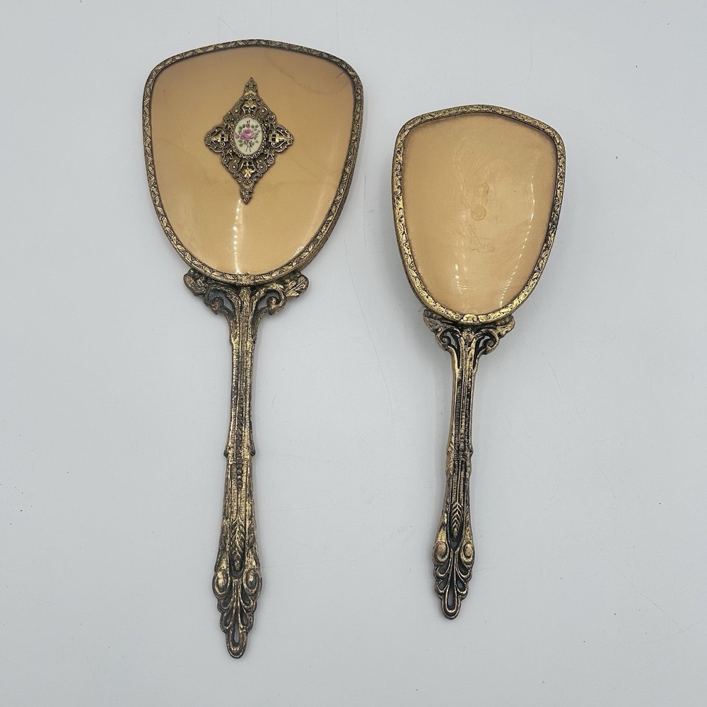 Antique Victorian Heavy Brass Hand Held Vanity Mirror & Brush Ornate Floral